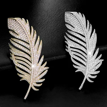 

New Arrivel Romantic Fashion Women Cubic Zircon Feather Brooch Sweater Coat Accessories Beautiful Brooches Pins broches mujer