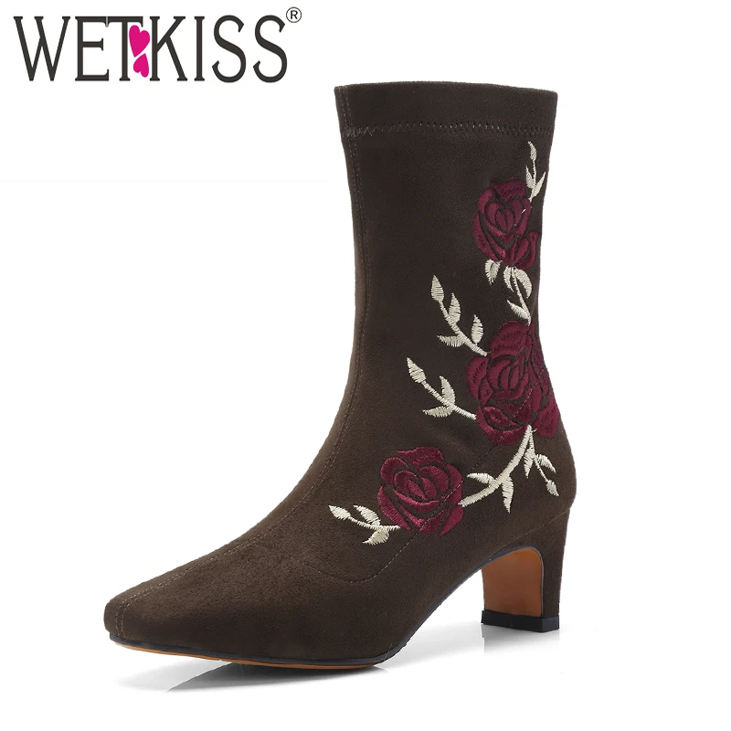 самый дешевый WETKISS/зимние женские ботильоны на высоких каблуках с
вышивкой из флока обувь резиновая Stretch Boot Обувь на квадратном
каблуке Для женщин 2018 новы... Обзор