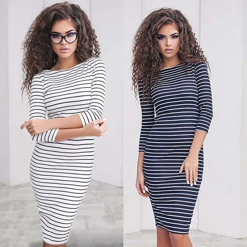 

Casual Fashion Women Summer Casual Three Quater Sleeve Brief Round Neck Dresses Striped Evening Party Short Mini Dress Clothing