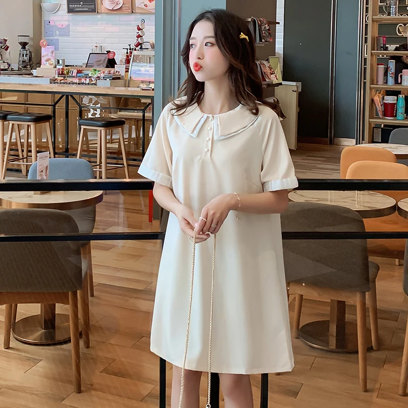 

Summer Sweet Pregnant Women Dress Short Sleeve Double Peter Pan Collar A-line Dress Solid Color Maternity Mini Dress Wholesale