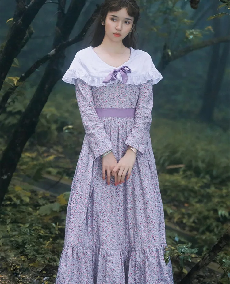 

Spring Autumn Women Ladies Floral Casual Loose 100% Cotton Long Dress Vintage Retro French Lolita Sweet V-Neck Long Sleeve Dress
