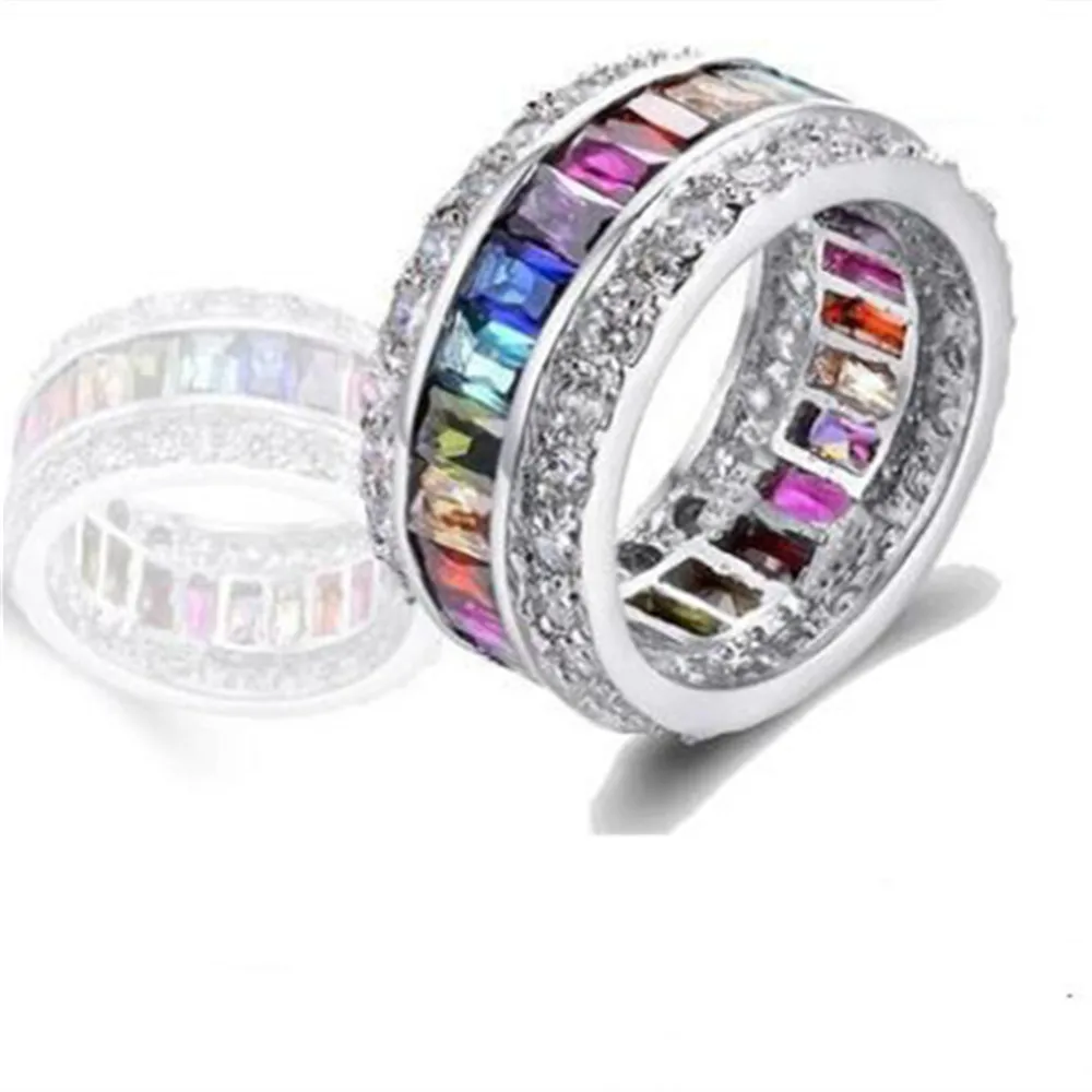 

Rainbow Square Female CZ Engagement Ring Silver Fashion Jewelry Female Color Cube Zirconia Eternal Classic Jewelry