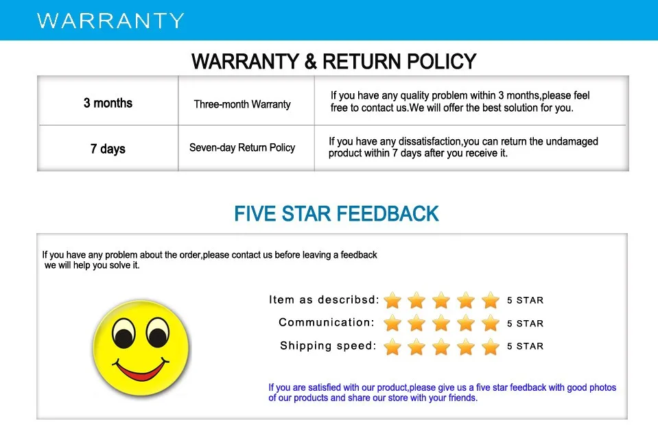 warranty return policy and feedback5 629