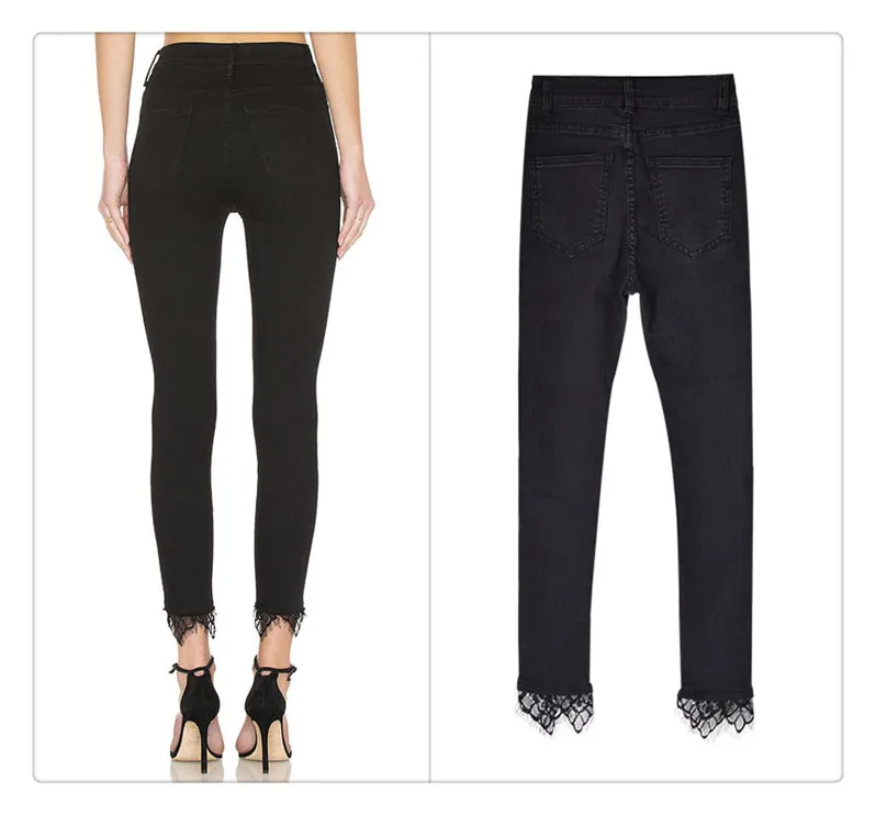 European and American women's wear high waist slender body elastic wash knees broken holes jeans nine trouser leg stitching lace super popular (6)