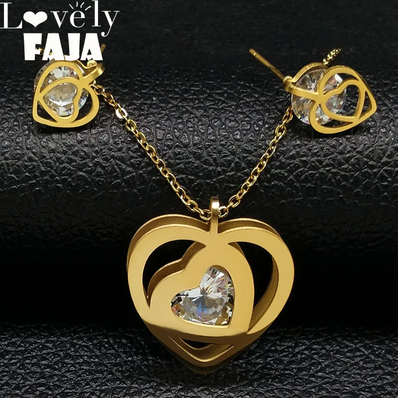 

2019 Fashion Heart Crystal Stainless Steel Set Jewelry Women Gold Color Earings Necklace Set Jewelry pendientes dorados 178540