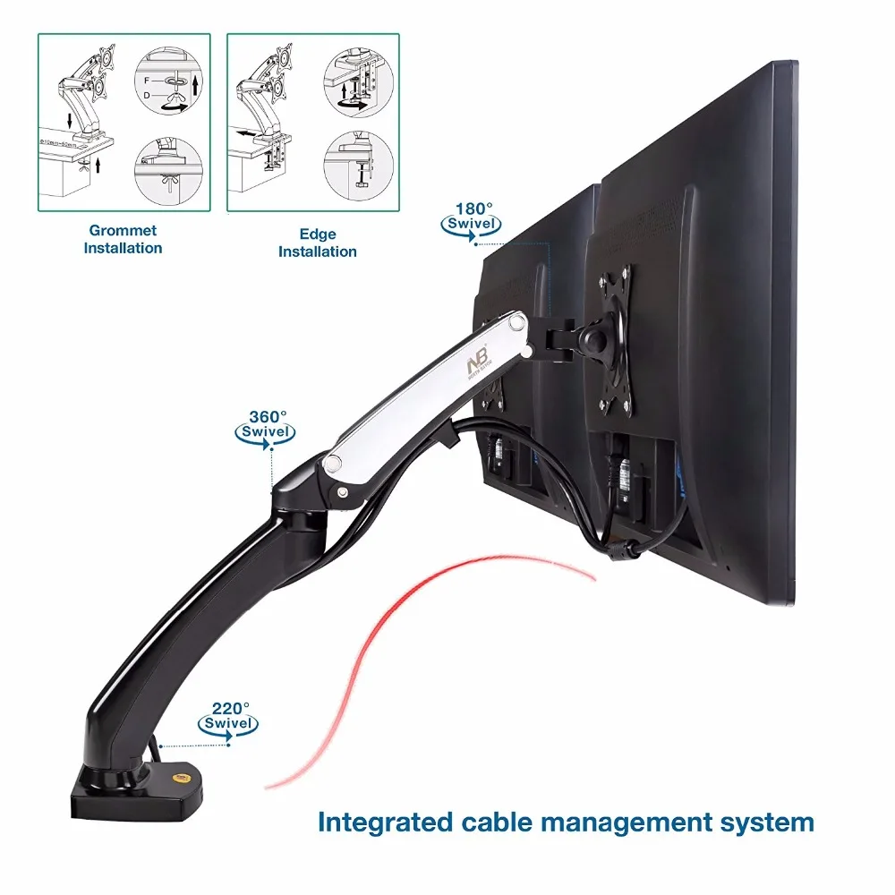 F180 двойной монитор Стенд Настольный держатель полный движения алюминиевый вращающийся газовый пружинный подъемник 17-27 дюймов двойной кронштейн держатель с 2 USB портом