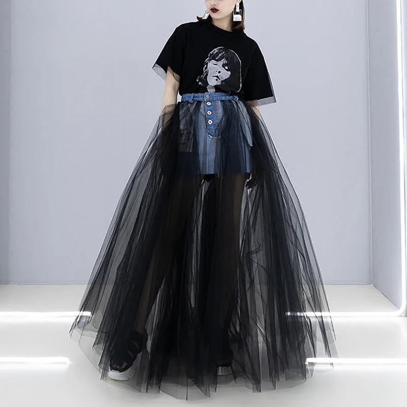 

[EWQ] New Fashion Summer Spring 2019 Temperament Lace-up Button Mesh Loose Patchwork A-line Denim Skirt Women QE329