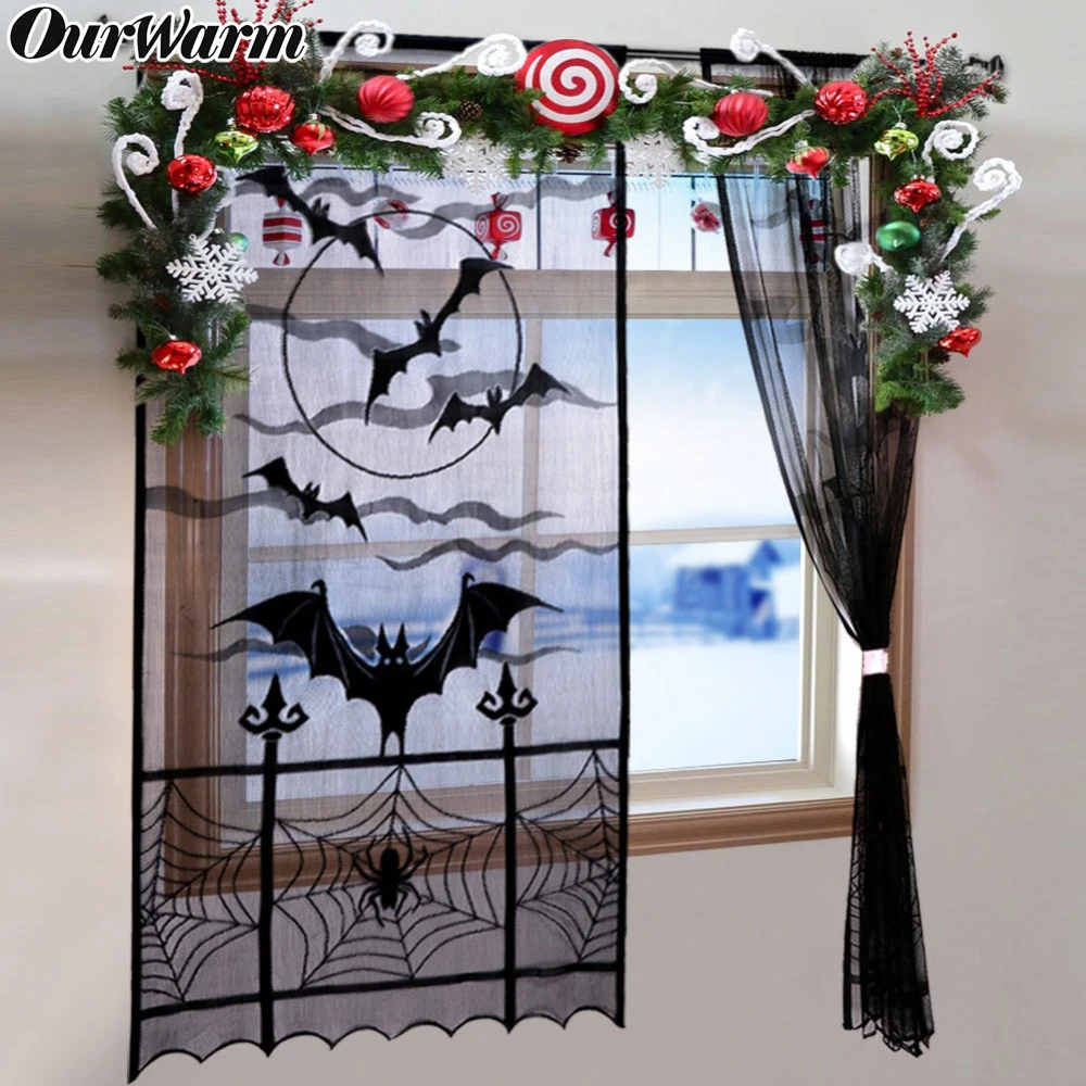 

OurWarm Halloween Lace Curtain Panel Bat Spider Web Window Panel or Door Panel Decoration Halloween Party Home Decor 40 x 84