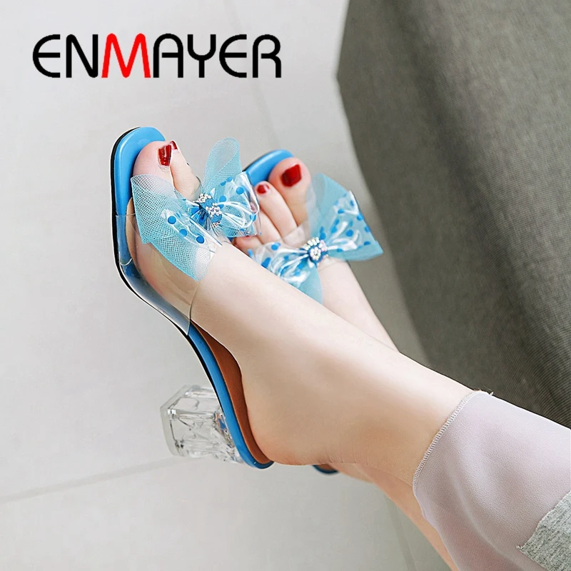

ENMAYER 2019 New Arrival Women Fashion High Heel Slippers PU Summer Outside Woman Shoes Solid 3 Colors Size 34-45 LY1685