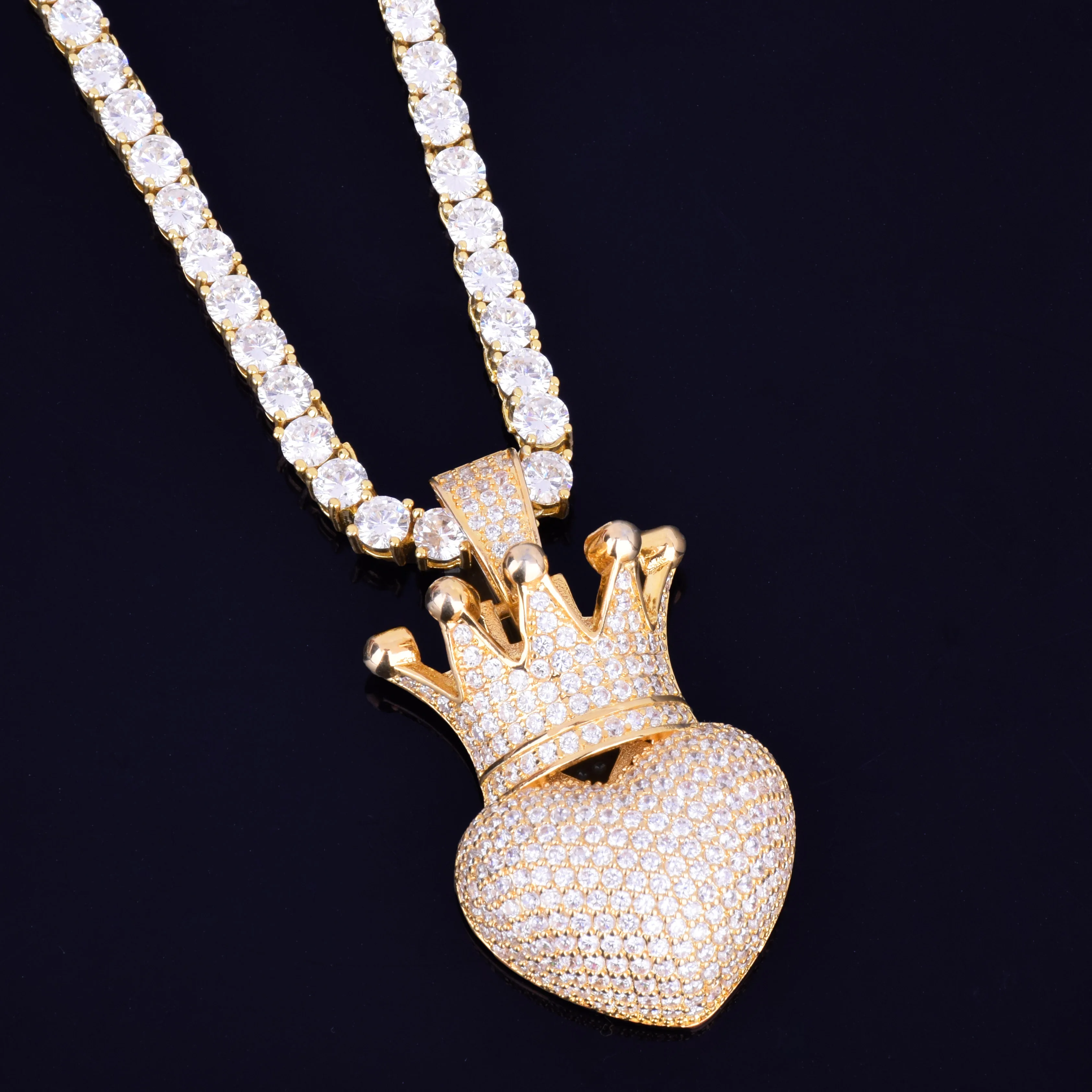 Ожерелье с короной и подвеской в форме сердца, 4 мм, теннисная цепочка, золото, серебро, AAA, кубический циркон, для мужчин и женщин, хип-хоп, рок, ювелирные изделия