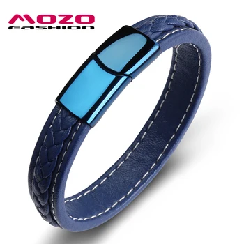 

MOZO FASHION 2020 HOT Men Genuine Leather Braided Rope Bracelet Stainless Steel Magnetic Clasp Bracelets Women Blue Jewelry 113