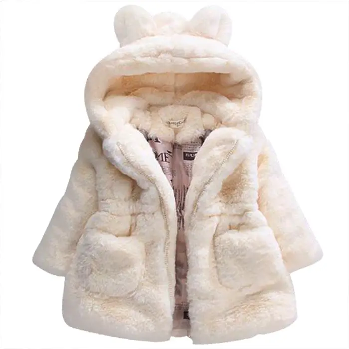 Зимние Бархатные Пальто с искусственным мехом для девочек, детская теплая куртка, детская утепленная флисовая верхняя одежда, детский зимний комбинезон с капюшоном с кроликом - Цвет: White