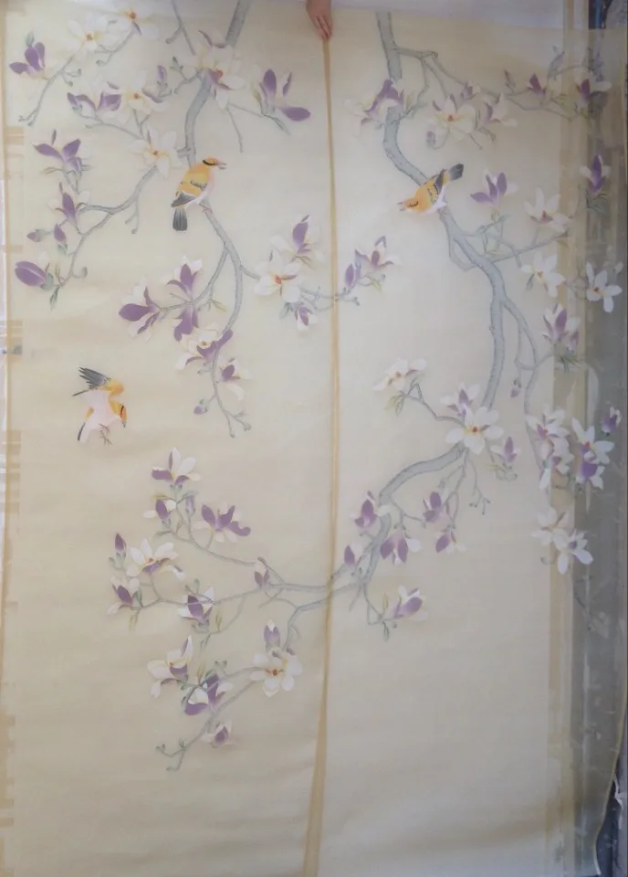 

Elegant Hand-painted transparent Silk gauze painting flowers with birds wallcovering many patterns and color optional