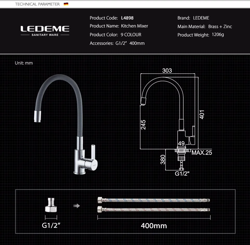 LEDEME Смеситель для кухни с силиконовым изливом латунь Цвет: хром+зелёный L4898-5