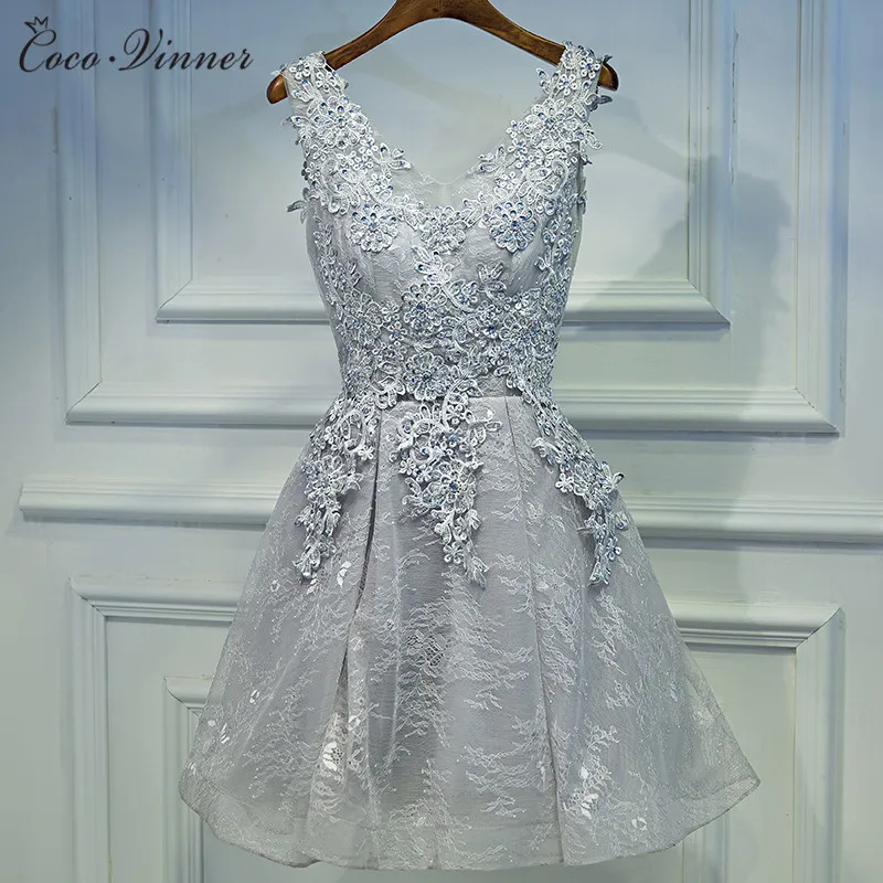 

C.V Banquet evening dress 2019 short design V-neck grey sleeveless embroidery lace organza short formal party dress women E0002