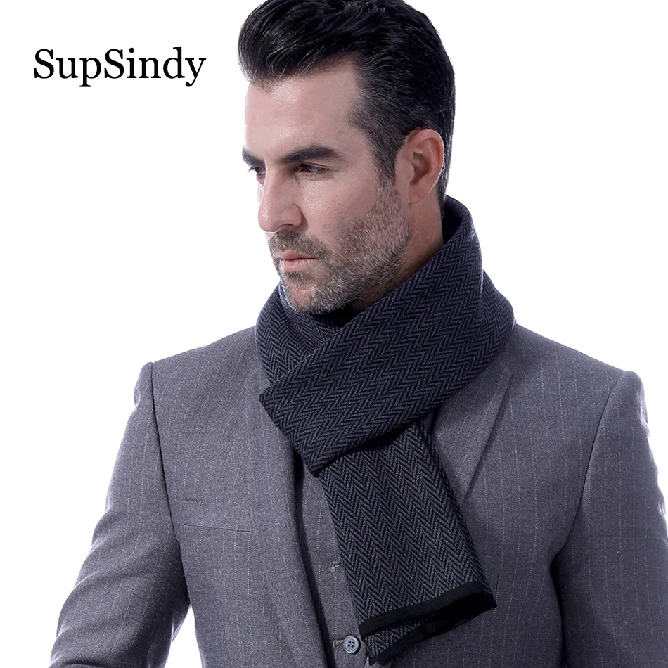 Baratos SupSindy invierno bufanda hombres lana Cachemira moda Casual hombres bufanda negro Vintage suave rayas bufandas lujo chal hombre abrigo cálido