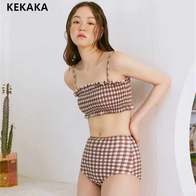 KEKAKA винтажные корейские кофейные клетчатые бикини Женский Летний милый