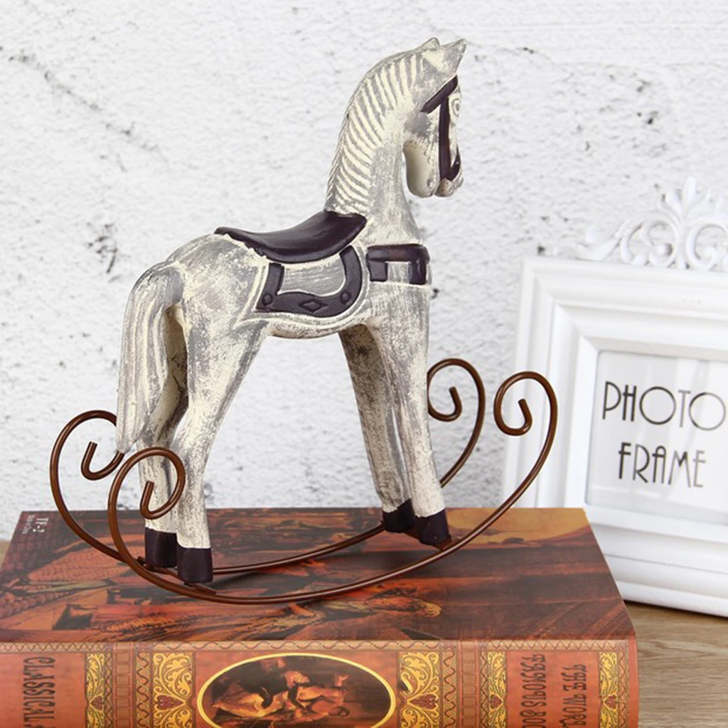 Nordic Wooden Rocking Horse Statue Wedding Decor Wood Horse Crafts DIY Bar Living Room Ornament Kids Toys