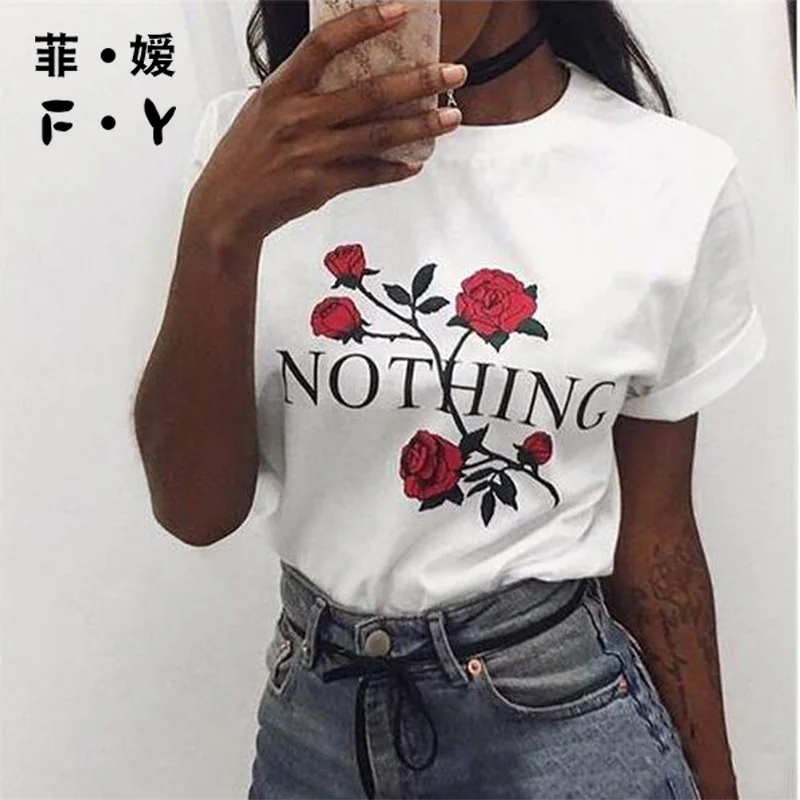 

FY Nothing Letter Print T Shirt Rose Harajuku T-Shirt Women 2017 Summer Casual Short Sleeve TShirt Plus Size Punk Shirts 32785