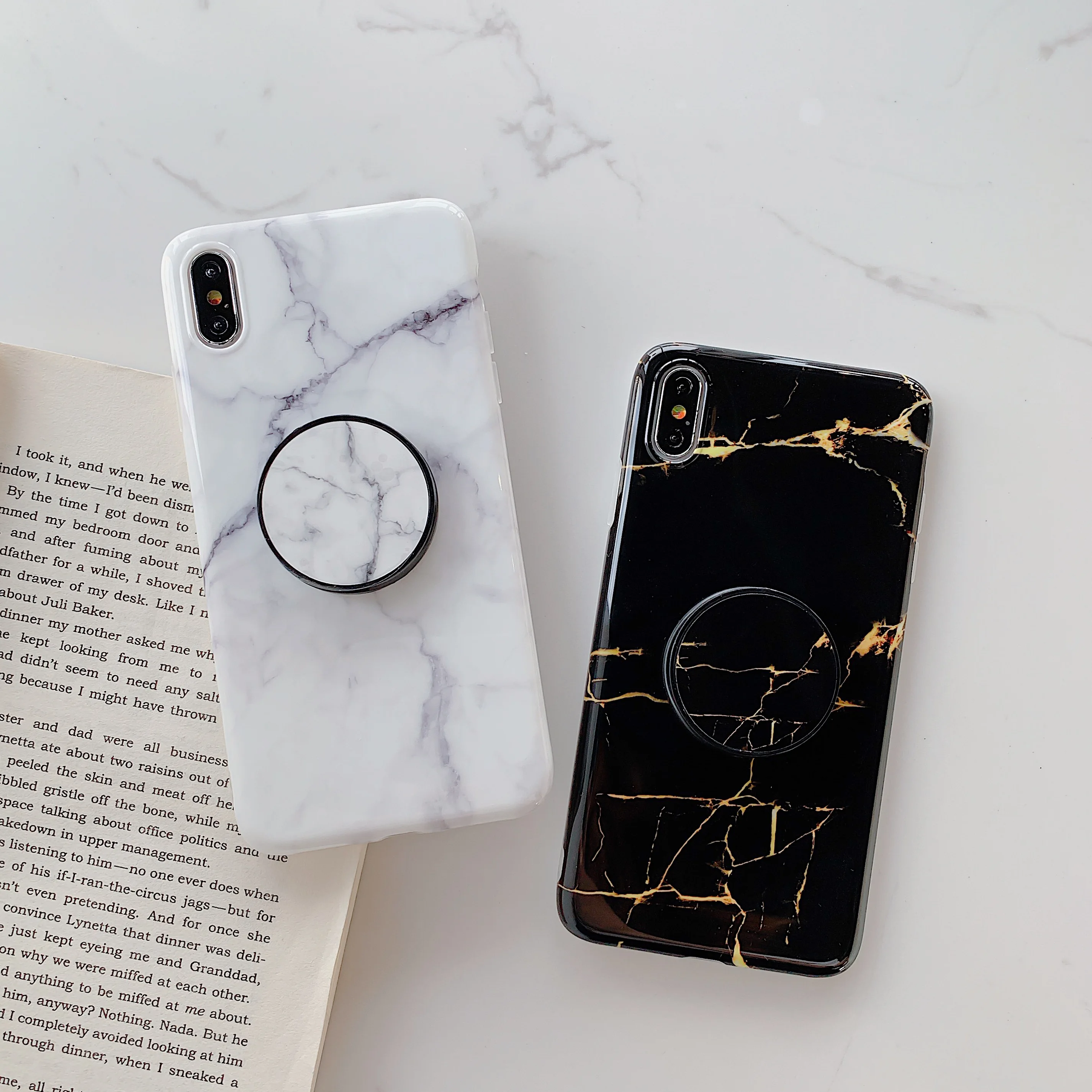 Глянцевый черный золотой мраморный чехол с подставкой и кольцом для iPhone XS Max XR X 6 6s