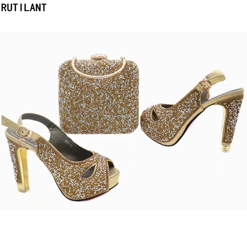 

Gold Color Matching Shoes and Bag Set Decorated with Rhinestone High Heel Shoes Shoes and Bag Set African Matching Shoes and Bag
