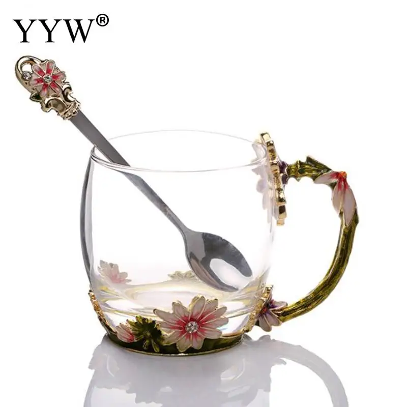 1pcs Daisy Enamel Crystal Cup Flower Tea Glass High-Grade Glass Water Cups Flower Mug With Handgrip Mugs Gift For Lover Wedding