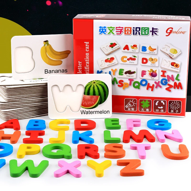 

26Pcs Alphabet Shape Pairing Learning English Colorful Wooden Montessori Fruit/Vegetable Card Preschool Kid Educational Wood Toy
