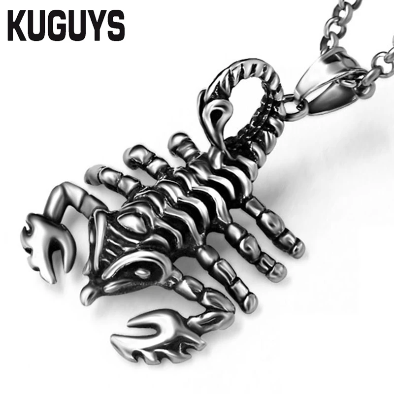 KUGUYS Rock Animal Scorpion Pendant Necklace Men's 316L Steel Jewelry Black Silver Colors Motorcycle Gangs Amulet Pendants Chain |