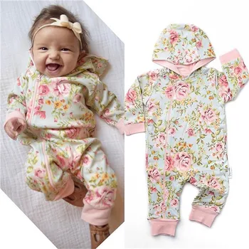 

Hooded Romper Cotton Baby girl Long Sleeve Romper Autumn Spring Clothes 2pcs Newborn Print Zipper Jumpsuit With Headband
