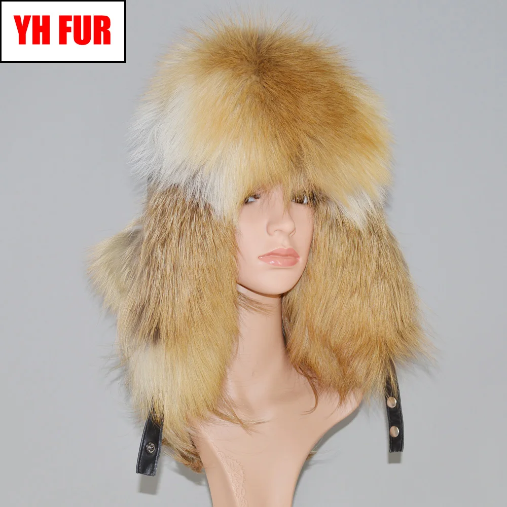 

Hot Sale Winter Genuine Real Fox Fur Hat Unisex 100% Natural Real Leather Cap Casual Warm Soft Russia Real Fox Fur Bomber Caps