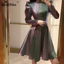 RealShe/Новое Женское платье с высоким воротом и длинным рукавом, расшитое блестками, короткое платье трапециевидной формы, женское осеннее