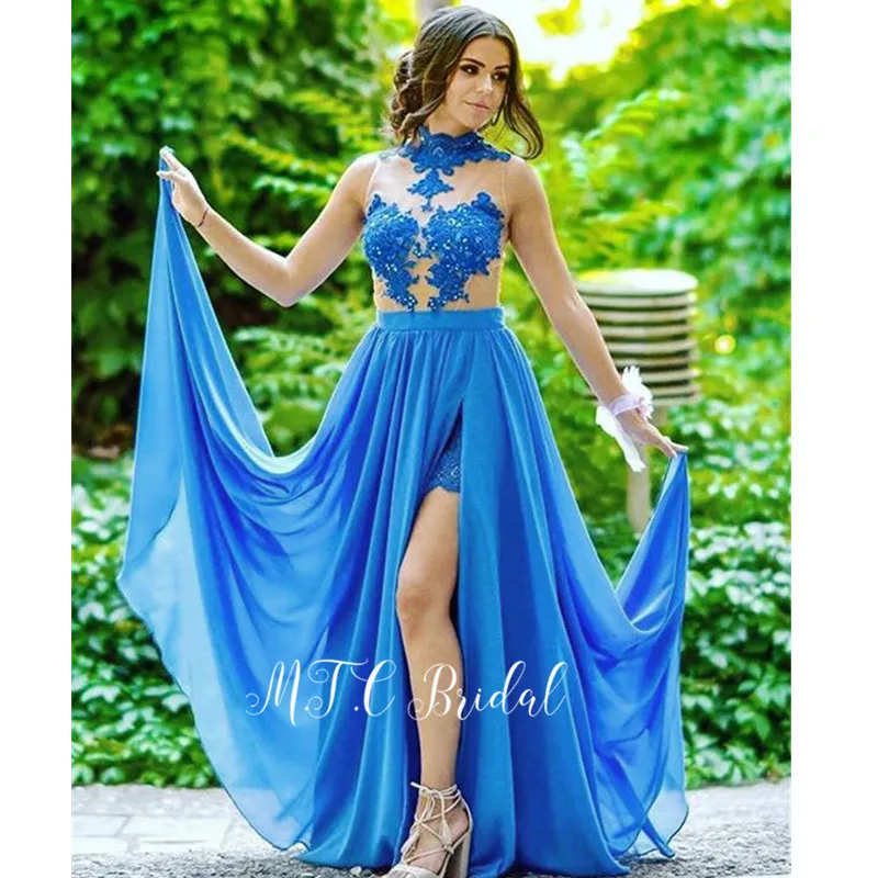 

Charming See Through Blue Evening Dress High Neck Side Slit Appliques Chiffon A Line Long Arabic Women Dresses 2019 New Arrival