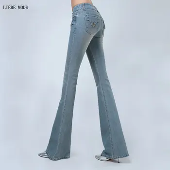 

2019 Female Skinny Leg Flare Jeans Full Length Women Mid Waist Vintage Bell Bottom Trousers Slim Flared Jeans Pants Work Wear