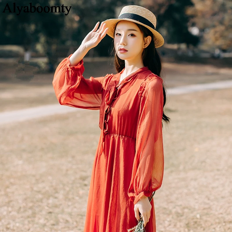 

Japanese Mori Girl Women Autumn Long Dress Bow Collar Apricot Brick Chiffon Vestidos Longo Lantern Sleeve Elegant Ruffles Dress