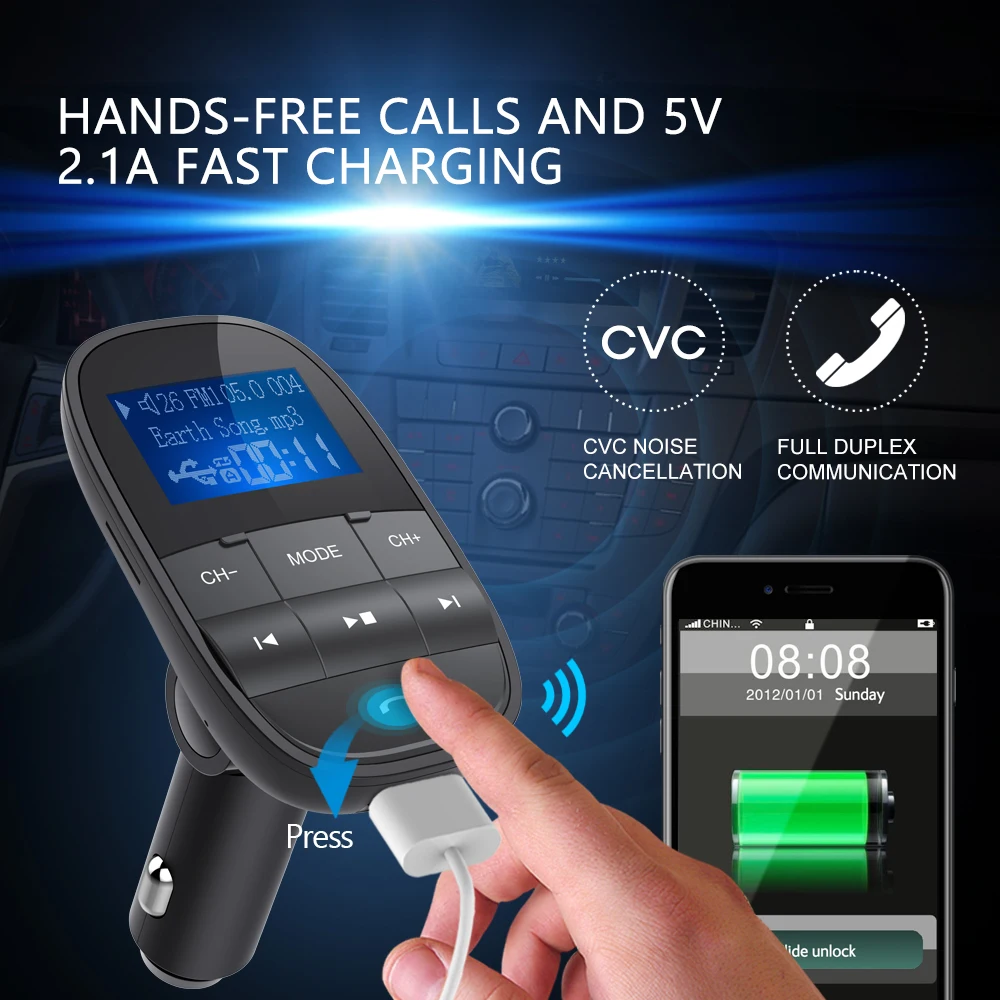 Nulaxy KM21 Car MP3 Player Support TF USB Disk Bluetooth Hands-free FM Modulator LCD Displayer Audio FM Transmitter Car Charger