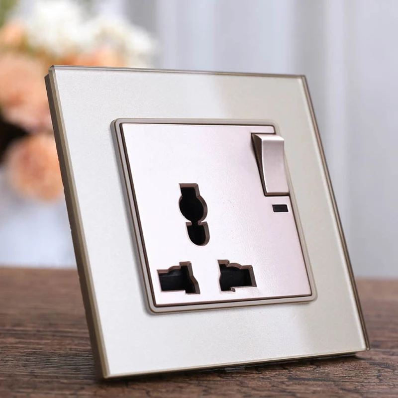

gold Crystal Glass Panel UK standard Socket 1 Gang 1Way Push Button Switch 3Pins Multifunction 13A Wall Power Outlet Plug Socket