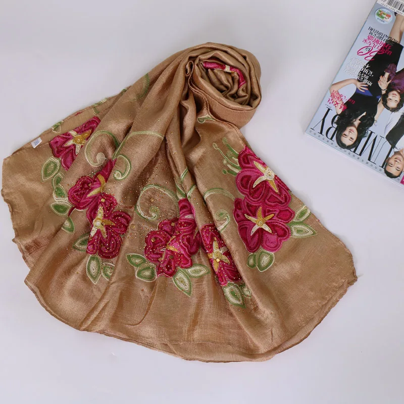 Женские вышитый цветок шарф блеск шелка лен шарфы мусульманские хиджаб обертывание шарфы-повязки/платки 10 цветов 180*85 см 10 шт./лот