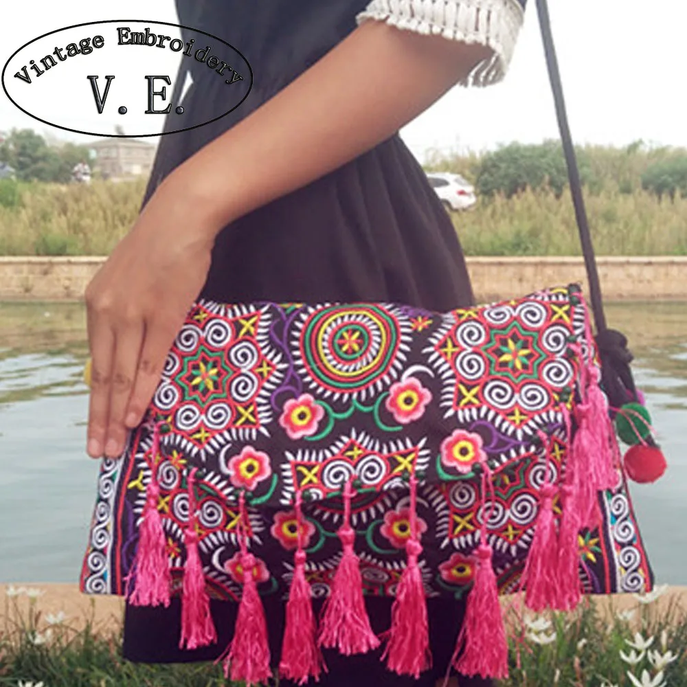 Thai Handmade Embroidery Bag Double Side Embroidered Shoulder Messenger Bags Ethnic Vintage Small Clutch Cover Tassel handbags