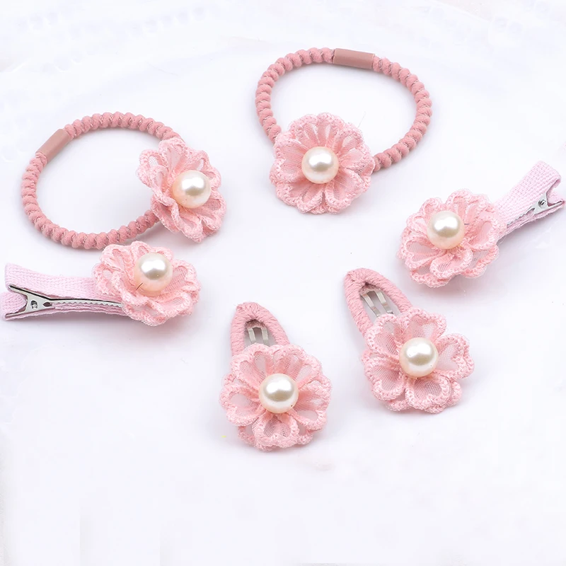 

Korean style 6pcs/set pink green fabric flower shiny pearl Hairpins Hair Barrettes Children Accessories Cute Baby Girls Headwear