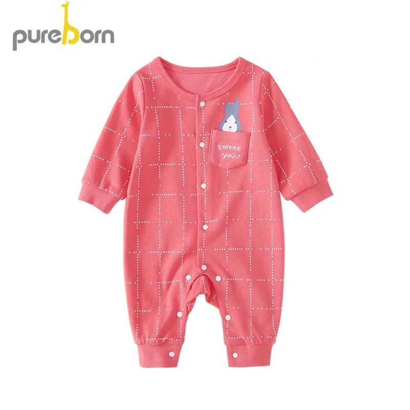 Pureborn/комбинезон в горошек для новорожденных мальчиков и девочек; хлопковая одежда с длинными рукавами и рисунком кролика для маленьких девочек; весенне-осенняя одежда для сна и игр - Цвет: Red