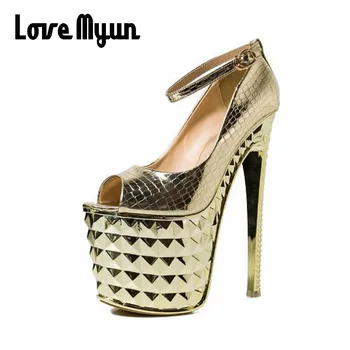 

Peep Toe Platform Pumps Gold/Sliver Sexy Ultra super High Heels 20cm Patent Leather Sexy Women's Party Pumps Wedding Shoes NN-95