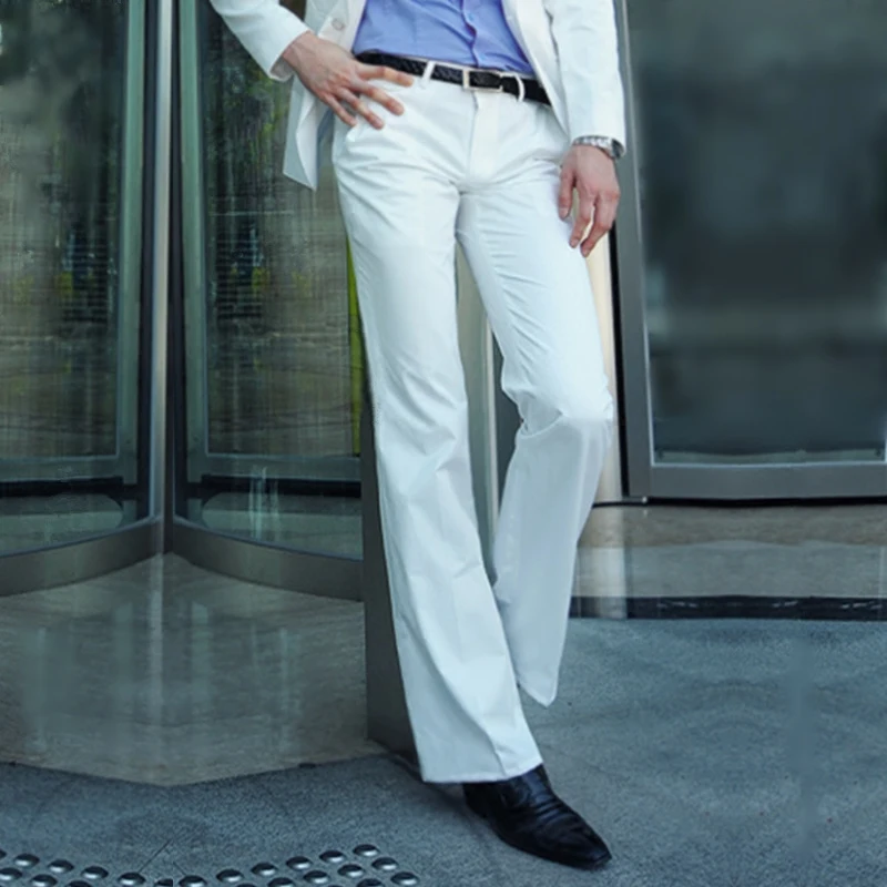 2018 New Men's Flared Trousers Formal Pants Bell Bottom Pant Dance White Suit Pants Size 28-30 31 32 33 34 35 36 37