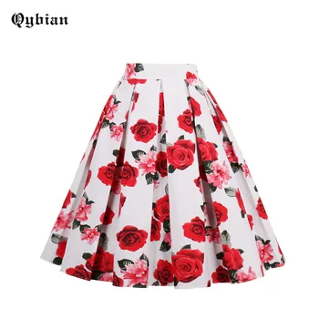 

Qyibian 2017 New White Skirts Womens High Waist Skirts Plus Size Knee Length Pleated Skirts Red Rose Print Femme Summer Skirt