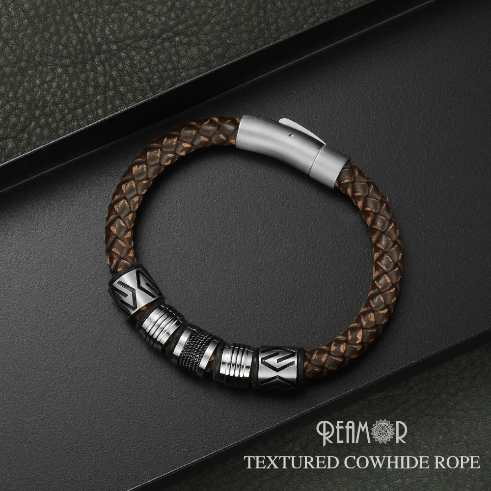 

REAMOR New Classic Men Hand-craft Genuine Leather Bracelet Stainless Steel Matte Button Clasp Bangles Jewelry Dropshipping