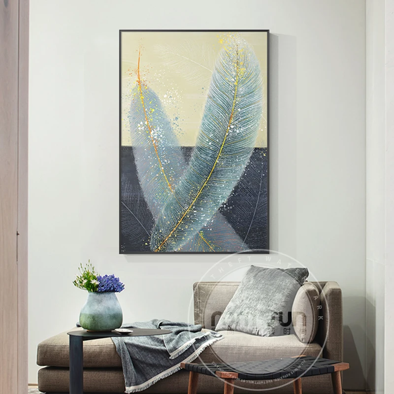

Abstract White and Yellow Feather Canvas Cuadros Modern Poster Print Green Wall Art Picture for Living Room Entrance Decoration