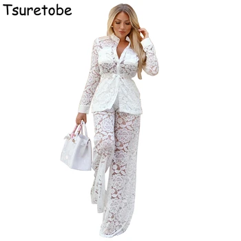

Tsuretobe 2018 New Autumn Winter Elegant Lace Tracksuit Women Wide Leg Pants And Bodycon Tops White Bandage Casual Two Piece Set