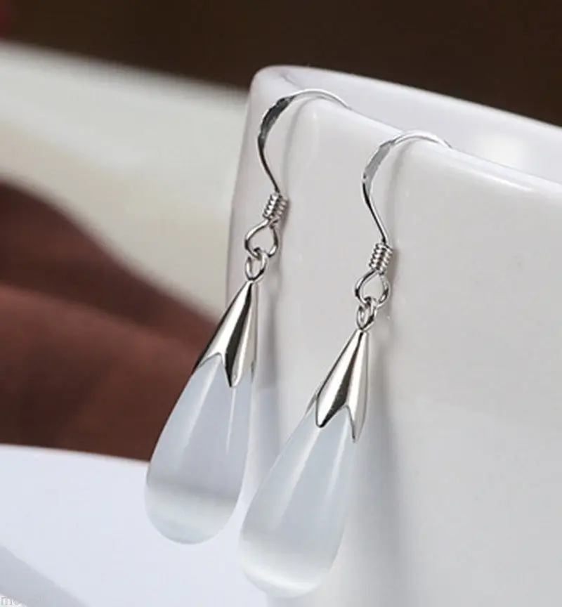 

FREE SHIPPING>>> Free shipping Pair White Cat Eye Stone 925 Sterling Silver Hook Teardrop Dangle Earrings