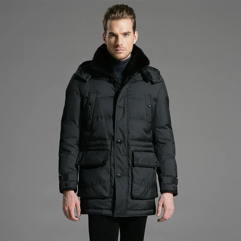 Мужская длинная толстая куртка-пуховик на утином пуху, теплое пуховое пальто с капюшоном и отстегивающимся капюшоном, мужская одежда 3639