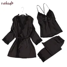 Fdfklak пижамы женские hiver новые сексуальные пижамы с длинными рукавами женские весенне-осенние пижамы из 3 предметов шелковые кружевные пижамы