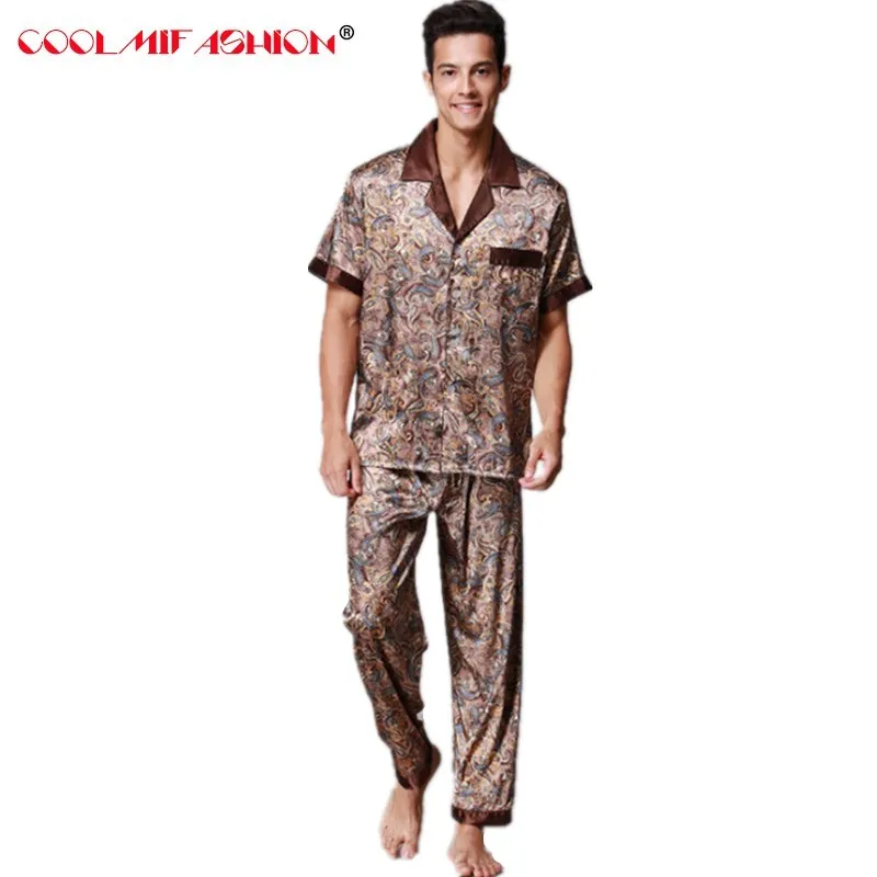 Luxury Mens pyjama homme Sets Brand New Faxu Silk Pajamas Pants Suit